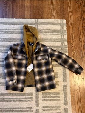 Zara Kids Black and Brown Plaid Hooded Jacket Size 9-10